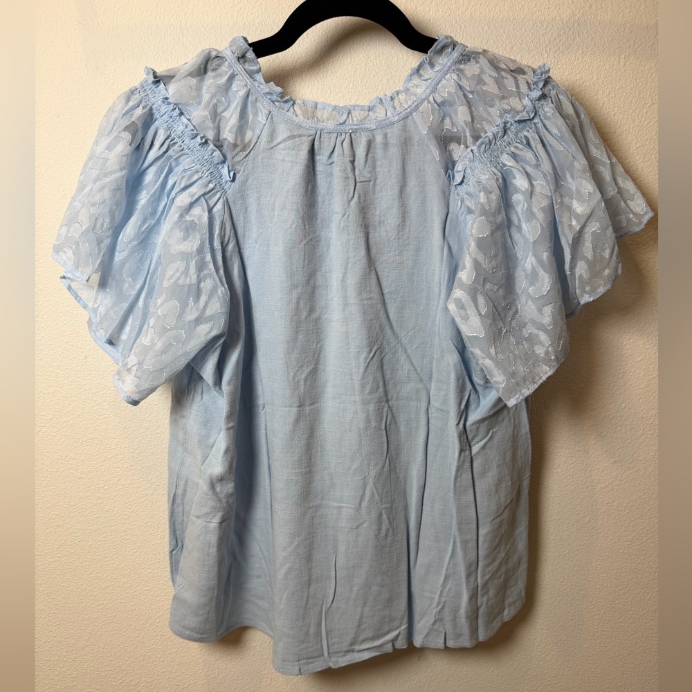 NWT Umgee Misty Blue Linen Mix Boho Fairycore M Ethereal Burnout Sleeve Top - Picture 8 of 10